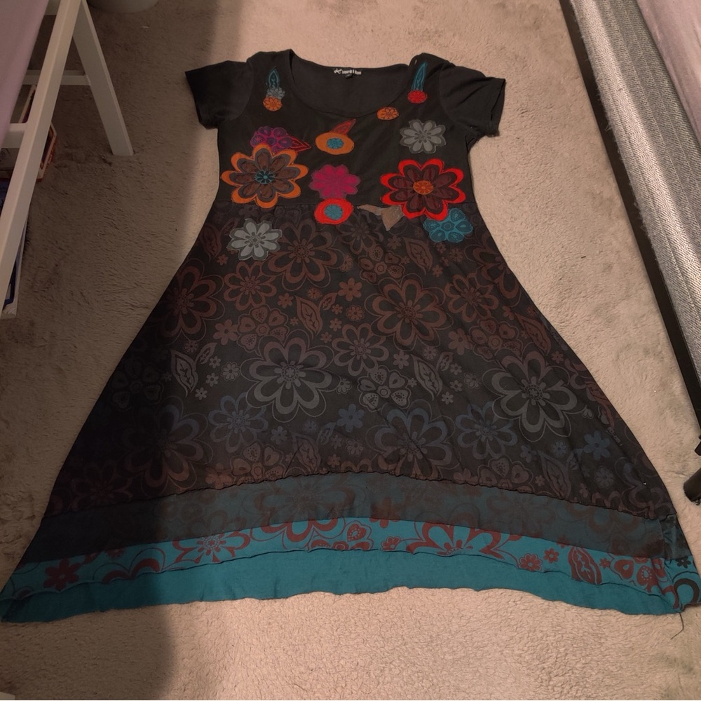 Floral Black and Teal Midi Dress Mesh Layered Appliqués Raw Hem Collage Art